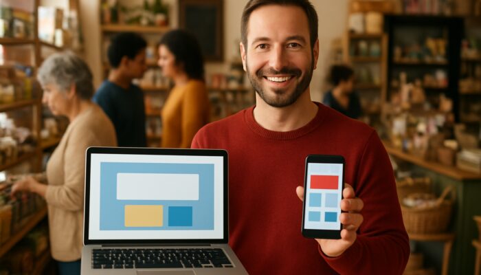 Shop owner in Tidworth displays a mobile-optimised website on a laptop while communicating with customers via a smartphone.