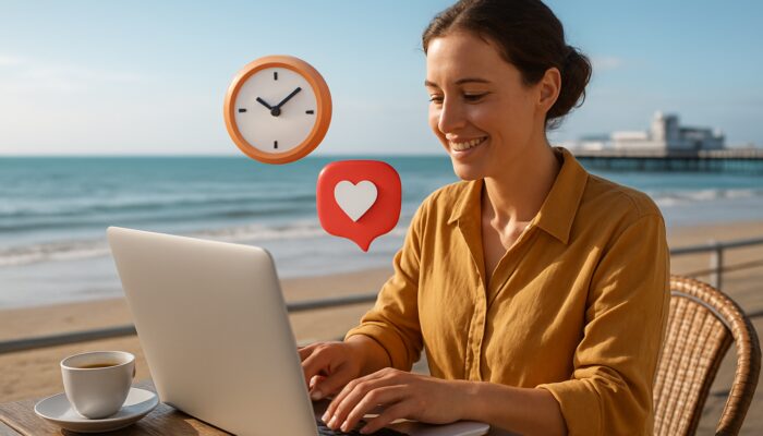Small business owner organising social media posts on laptop at a seaside café in Weston-super-Mare