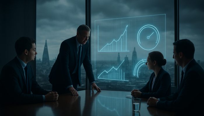 When to Switch From One Strategy to Another: Business Guide | DCL British executives reviewing holographic sales growth, ROI and CAC dashboards in sleek London boardroom.