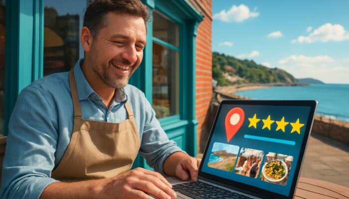 Torbay shop owner updating Google Business Profile on laptop with a scenic coastal backdrop