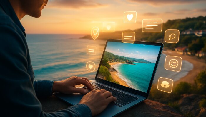 Digital marketer enhancing Torbay tourism website meta tags on laptop against a backdrop of scenic beaches and icons