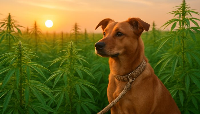 Dog on a hemp leash amidst a vibrant sunrise over a hemp field, symbolising sustainable pet products.