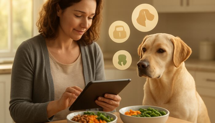 Owner reviewing Labrador health data on a tablet beside custom nutrition bowls in the kitchen