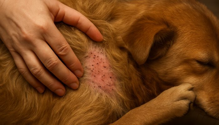 Owner parting dog's fur to reveal flea dirt on irritated skin as it scratches