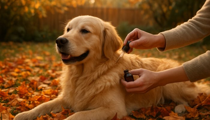 Golden retriever receiving natural flea prevention oil in autumn garden