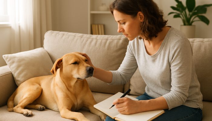 Owner inspecting relaxed dog on couch while documenting flea control observations in notebook