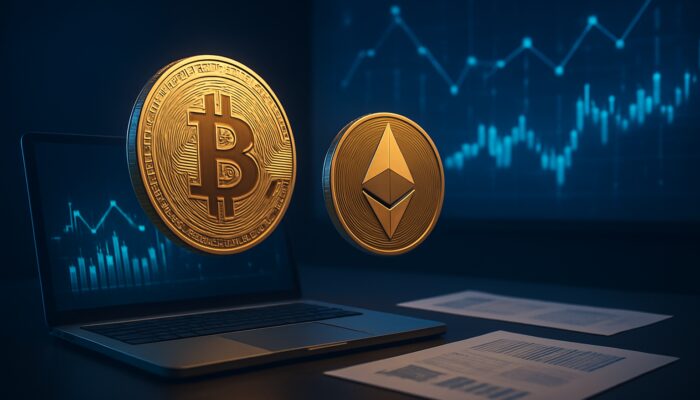 Digital workspace featuring floating Bitcoin, Ethereum coins, tax forms, and glowing blockchain charts for cryptocurrency tax reporting.