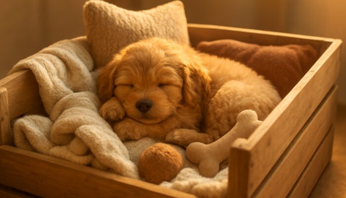 Fluffy puppy curled in cozy wooden crate with blankets, pillows, and toys in sunlight.