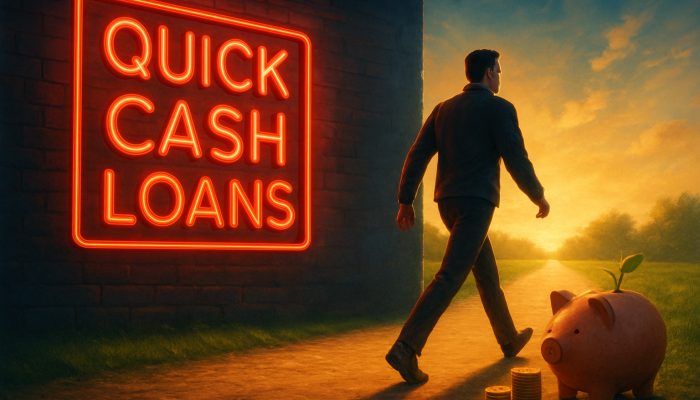 Avoiding Running Back to Quick Cash Loans: Key Tips | DCL Individual walking away from quick cash loans sign towards a piggy bank savings path illustration