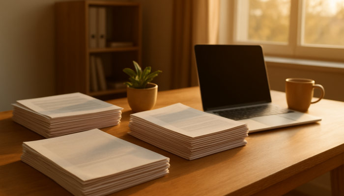 Organised desk in Beaufort West office showcasing neatly stacked loan documents illuminated by warm sunlight.