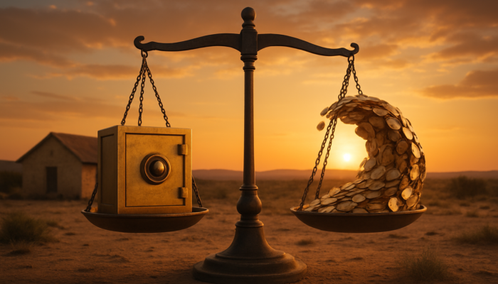 Rustic Beaufort West home: symbolising safety for fixed rates, with a wave of coins representing variable rates, under a balancing scale at sunset.