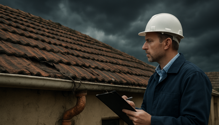 Professional inspector examines cracked roof and exposed wires on old South African home in Springs beneath a stormy sky.