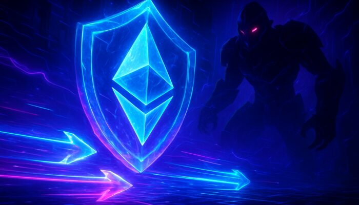 Futuristic arena with illuminated Ethereum transactions shielded by crystalline barriers from shadowy MEV bots in vibrant neon hues.