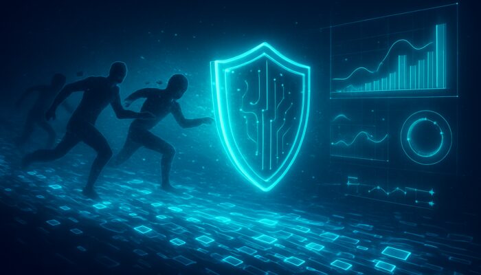 Digital shield preventing MEV front-runners from blockchain transactions using holographic resilience metrics in a neon void.