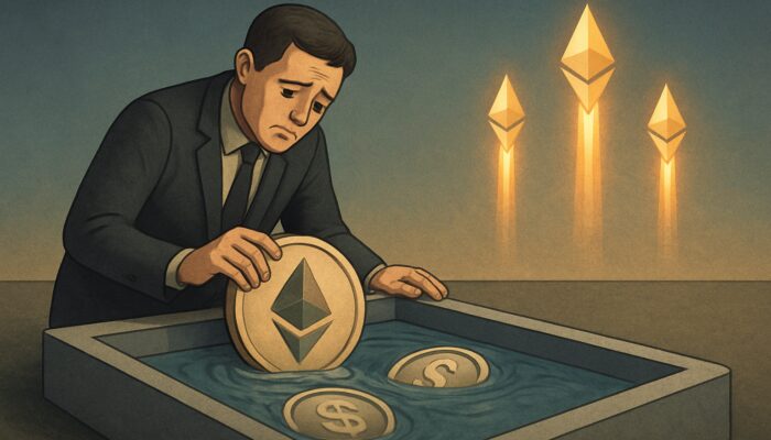 Disheartened investor withdrawing faded ETH-USDC tokens while glowing Ethereum rockets upwards, demonstrating impermanent loss.
