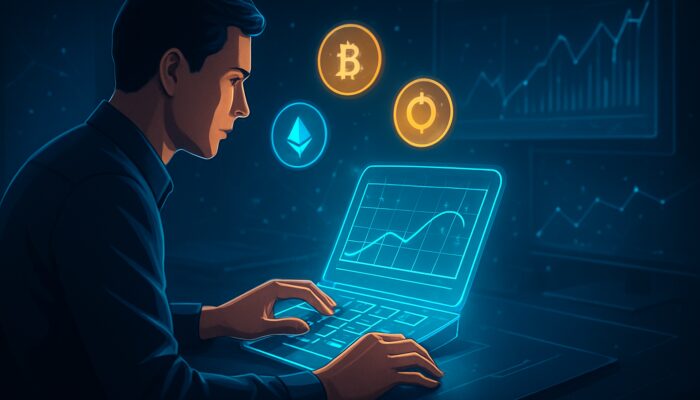 Trader entering crypto data into a luminous holographic impermanent loss calculator with floating tokens and charts