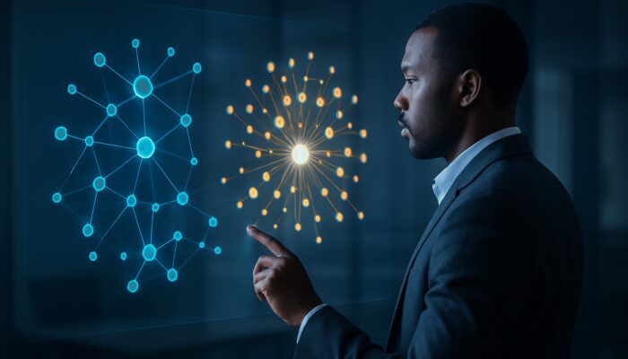 Analyst reviewing holographic LinkedIn audience maps that illustrate enterprise clusters in B2B hosting visualisation.