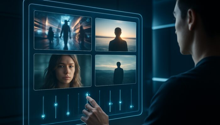 Creator adjusting sliders on a holographic AI video interface in a futuristic studio