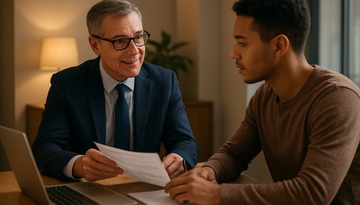 Combining Debts When You Work Gig Jobs: Practical Advice | DCL UK financial advisor guiding gig worker through debt consolidation documents in modern office