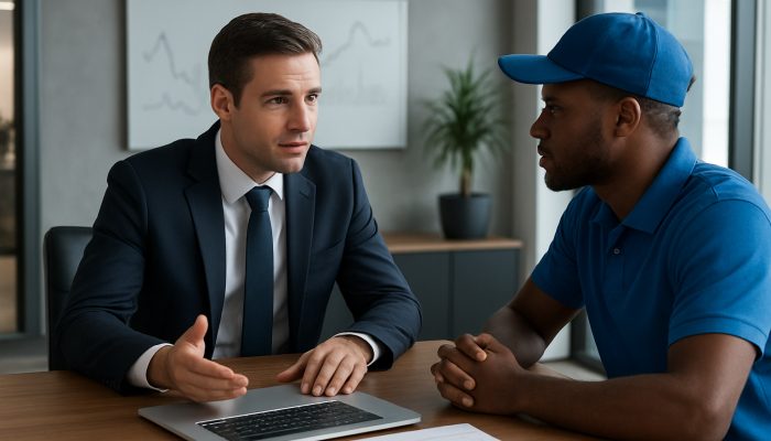 Combining Debts When You Work Gig Jobs: Practical Advice | DCL British financial advisor reviews gig earnings charts with delivery driver in modern office for debt consolidation advice