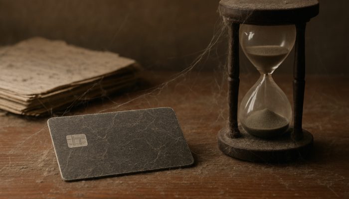 Dusty dormant British credit card on desk with hourglass and fading bank statements, symbolising account closure risks