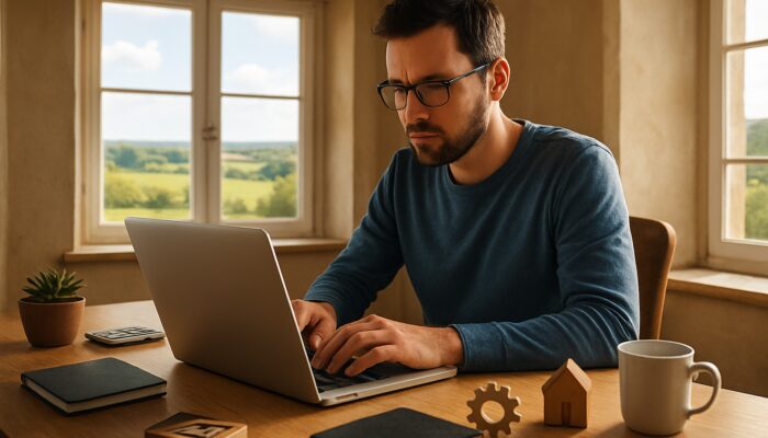 Writer composing blog posts on a laptop in a sunlit Patchway cottage with views of the Gloucestershire countryside and small business icons
