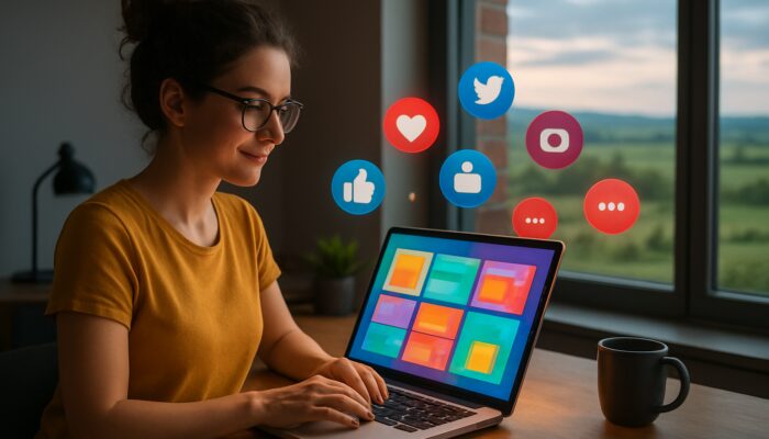 Patchway entrepreneur develops a vibrant WordPress blog on a laptop with floating social media icons against a backdrop of the UK countryside