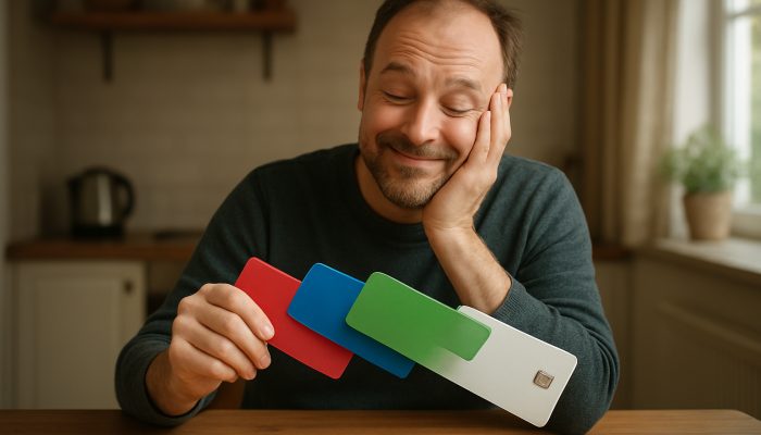 Relieved British shopper watches colourful store cards merge into one at cosy kitchen table