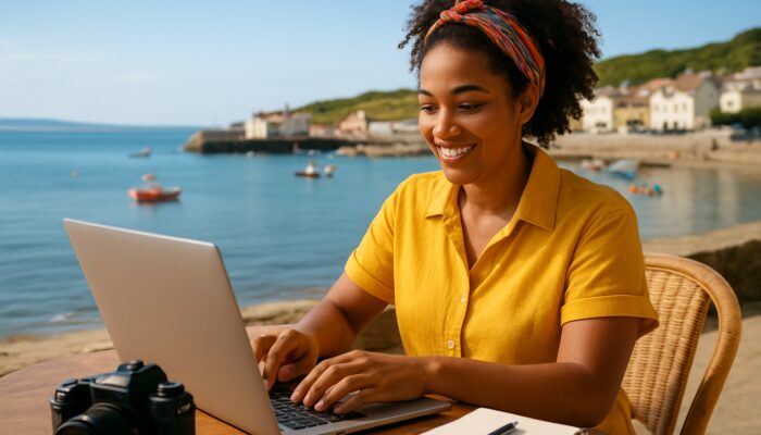 Seaton small business owner generating social media content on a laptop at a sunny seaside café with a harbour view.