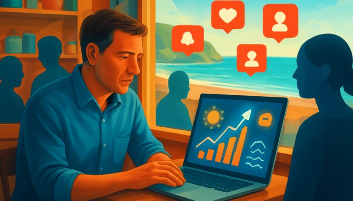 Seaton shop owner evaluates glowing market trends and social media notifications on a laptop with customer icons