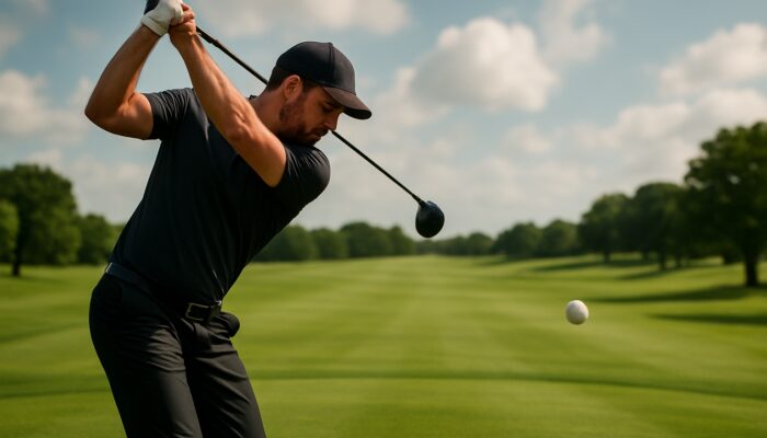 Golfer hitting a low-spin golf ball soaring straight over a lush fairway for greater distance and control.