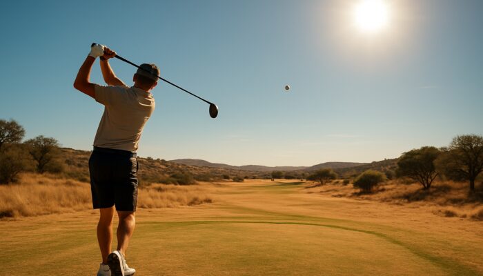 Golfer striking a low-spin ball on a sun-drenched South African course beneath a blazing summer sky.