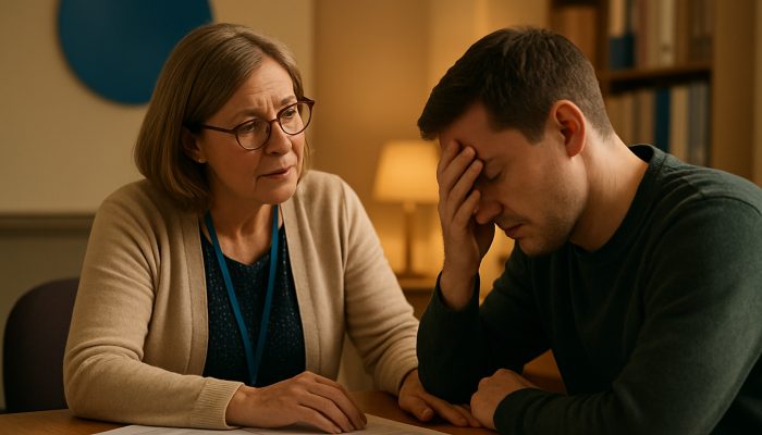 Advisor assisting distressed client with gambling debt in a cozy UK Citizens Advice office