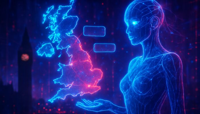 Visual representation of AI analysing UK search trends over a glowing map of Britain with a silhouette of Big Ben.