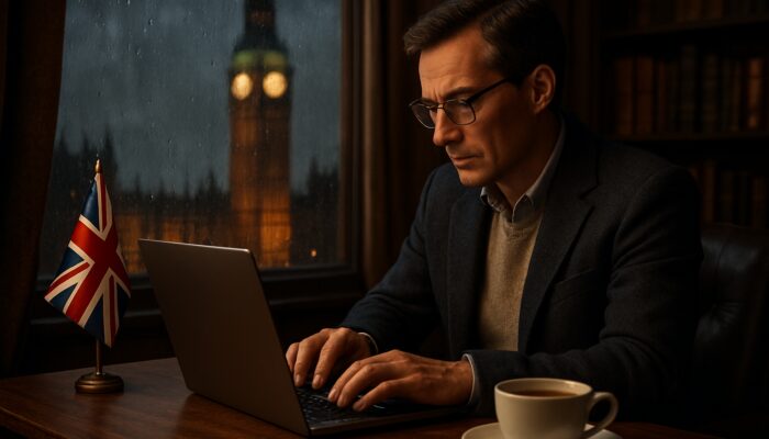 British editor enhancing AI content on a laptop in a cosy London study with a view of Big Ben.