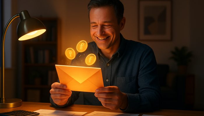 What to Do With Tax Refunds and Bonuses: Practical Steps | DCL Smiling British taxpayer discovers a glowing HMRC refund envelope filled with floating coins while reviewing PAYE forms