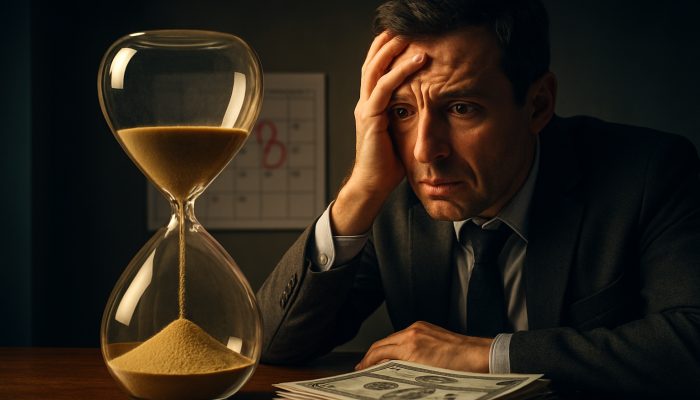 Anxious taxpayer observes HMRC refund checks spill from hourglass next to red deadline calendar.