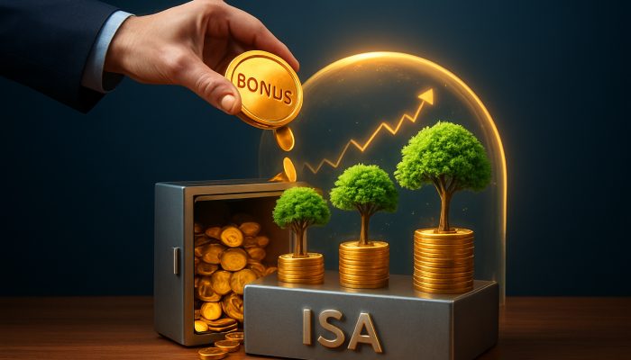 What to Do With Tax Refunds and Bonuses: Practical Steps | DCL Investor pouring golden bonus into Stocks and Shares ISA vault surrounded by flourishing money trees and rising charts