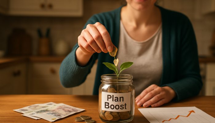 Using Small Windfalls to Boost Your Plan: UK Savings Tips | DCL Young professional adding windfall coins to Plan Boost savings jar in cozy British kitchen