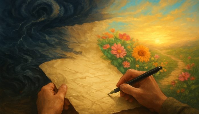 Updating Plans When Life Circumstances Change | DCL Individual rewriting a crumpled life roadmap as storms transform into flowers at sunrise