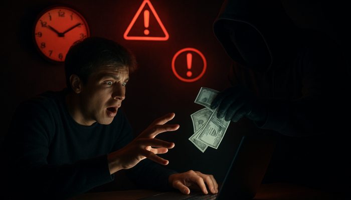 What to Do if You Send Money to a Scammer: Act Fast | DCL Panicked victim reaches for money stolen by hooded scammer near glowing laptop with red warnings