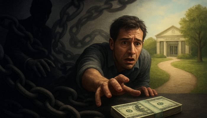 Desperate borrower seeking cash from a shadowy payday lender amid chains of debt, towards a credit union path.
