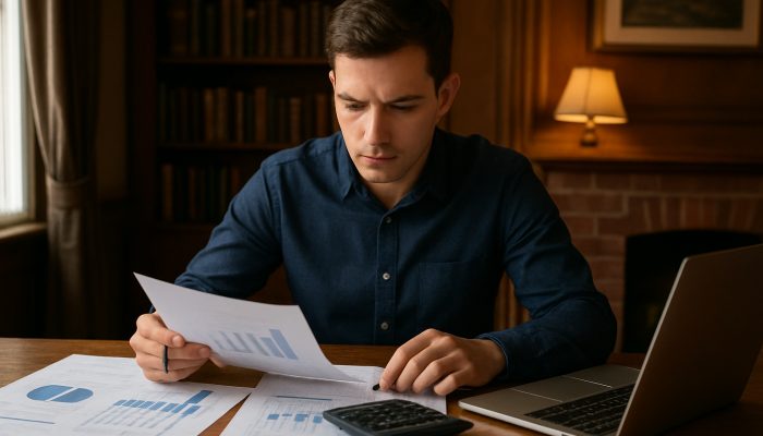 Young professional reviewing income and expense charts at a wooden desk in a British study for budgeting