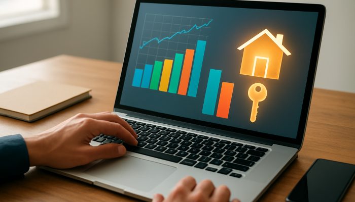 Reducing Utilisation Before Mortgage Checks: Proven Strategies | DCL Person reviewing credit charts on laptop with dropping utilization bars and glowing house key for mortgage success