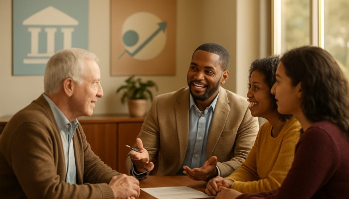 Avoiding Payday and High Cost Cards Early On: Wise Borrowing | DCL Diverse people receiving friendly financial advice in a warm, sunlit credit union office with educational posters.