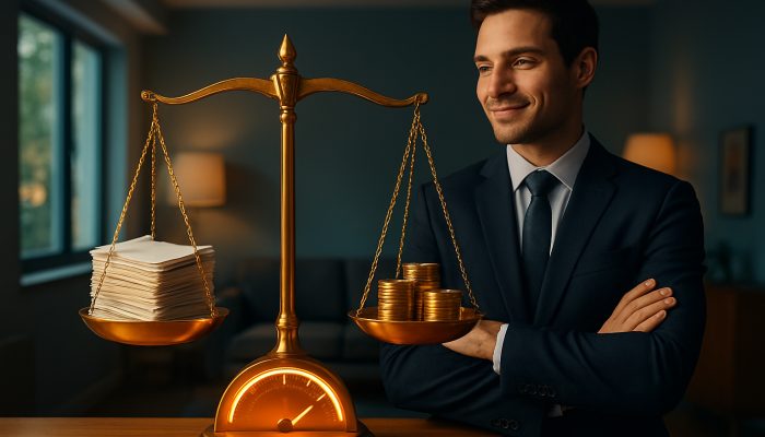 What to Do Before Applying for a New Loan: Key Steps to Take | DCL Balanced golden scale weighing debt bills vs income coins below 40% DTI in sleek UK home