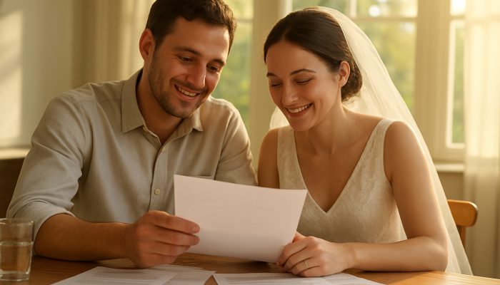 Combining Debts After a Big Life Event: Essential Tips | DCL Relieved couple consolidating debt paperwork into a single document following their wedding in sunlight