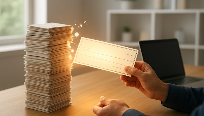 Refunds and Their Influence on Your Debt Strategy: Key Insights | DCL Individual receiving a glowing refund cheque, reducing debt stack in a modern home office with laptop plan