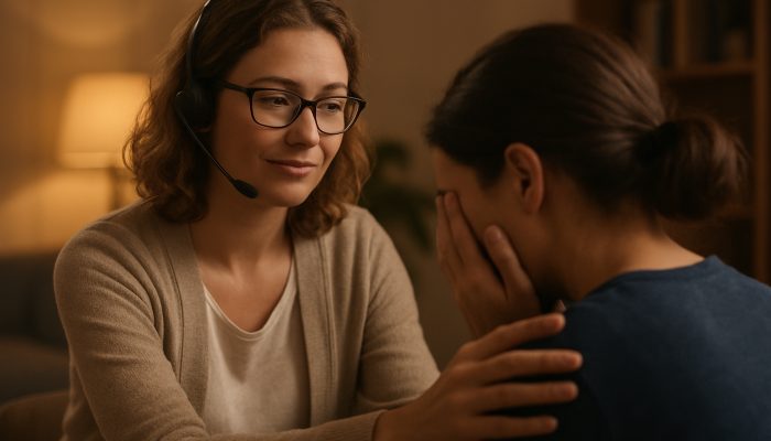 Empathetic UK debt counselor offering calm helpline support in cozy room with warm lighting.