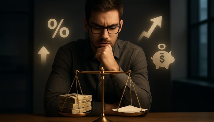 Is It Worth Overpaying a New Loan: Key Factors to Consider | DCL Borrower weighing cash stacks against loan contract on golden scales in modern office